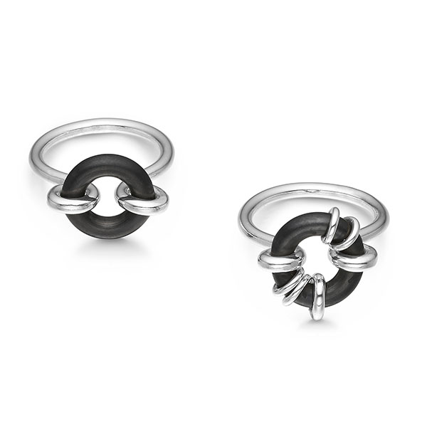 Rubber Soul rings in sterling silver and rubber by Liisa Gude Deberitz.